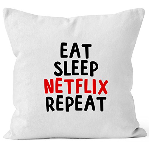 MoonWorks Kissen-Bezug Eat Sleep Netflix Repeat Kissen-Hülle Deko-Kissen Baumwolle weiß Unisize von MoonWorks