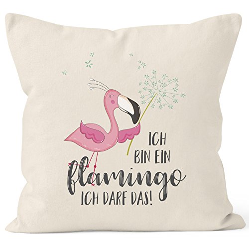 MoonWorks Kissen-Bezug Flamingo Ich Bin EIN Flamingo ich darf das Spruch Pusteblume Kissen-Hülle Deko-Kissen Baumwolle Natur Unisize von MoonWorks