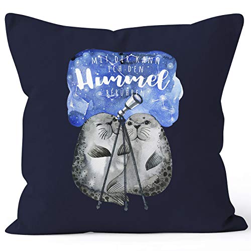 MoonWorks Kissen-Bezug Geschenk Liebe Mit dir kann ich den Himmel berühren Spruch Liebesspruch Seehunde Robben Sterne Kissen-Hülle Navy Unisize von MoonWorks