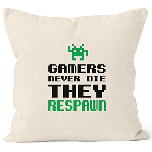 MoonWorks Kissen-Bezug Kissen-Hülle Gamers Never die They Respawn Spruch Pixel Zocker 90er 80er Retro Natur 40cm x 40cm von MoonWorks