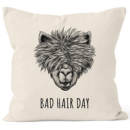 MoonWorks Kissen-Bezug Lama Bad Hair Day Spruch Statement Kissen-Hülle Deko-Kissen Baumwolle Natur Unisize von MoonWorks