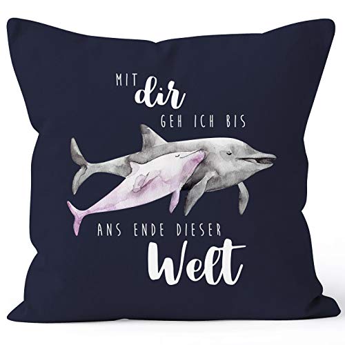 MoonWorks Kissen-Bezug Liebe Geschenk Spruch Mit dir GEH ich bis ans Ende Dieser Welt Delfin Delphin Watercolor Kissen-Hülle Deko-Kissen Baumwolle Navy Unisize von MoonWorks