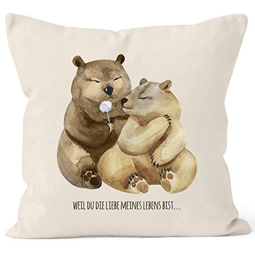 MoonWorks Kissen-Bezug Liebe meines Lebens Bären Geschenk Liebe Spruch Tasse Liebessprüche Kissen-Hülle Deko-Kissen Baumwolle Natur Unisize von MoonWorks