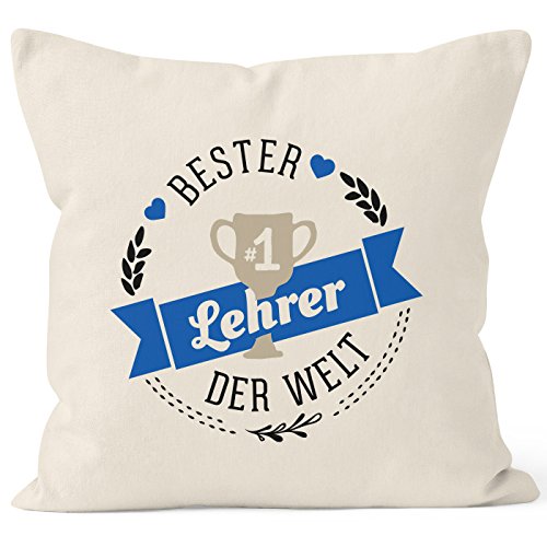 MoonWorks Kissenbezug Bester Lehrer der Welt Geschenk für Lehrer Baumwolle Natur 40cm x 40cm von MoonWorks