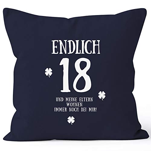 MoonWorks Kissenbezug Endlich 18 zum Geschenk zum 18. Geburtstag Kissen-Hülle Deko-Kissen 40x40 Baumwolle Navy Unisize von MoonWorks