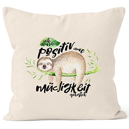 MoonWorks Kissenbezug Faultier Faultier Ich wurde positiv auf Müdigkeit getestet Sloth Kissen-Hülle Deko-Kissen 40x40 Baumwolle Natur 40cm x 40cm von MoonWorks