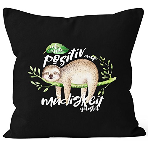 MoonWorks Kissenbezug Faultier Faultier Ich wurde positiv auf Müdigkeit getestet Sloth Kissen-Hülle Deko-Kissen 40x40 Baumwolle schwarz 40cm x 40cm von MoonWorks