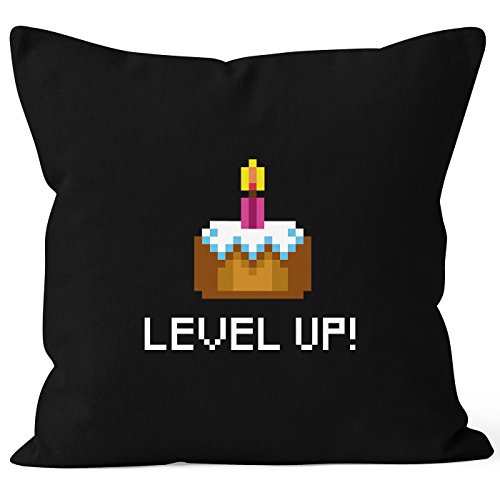 MoonWorks Kissenbezug Geburtstag Level Up Pixel-Torte Retro Gamer Pixelgrafik Geschenk Arcade Kissen-Hülle Baumwolle schwarz 40cm x 40cm von MoonWorks