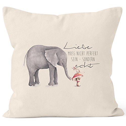 MoonWorks Kissenbezug Geschenk Liebe muss Nicht perfekt Sein sondern echt Elefant Maus Kissen-Hülle Deko-Kissen 40x40 Baumwolle Natur 40cm x 40cm von MoonWorks