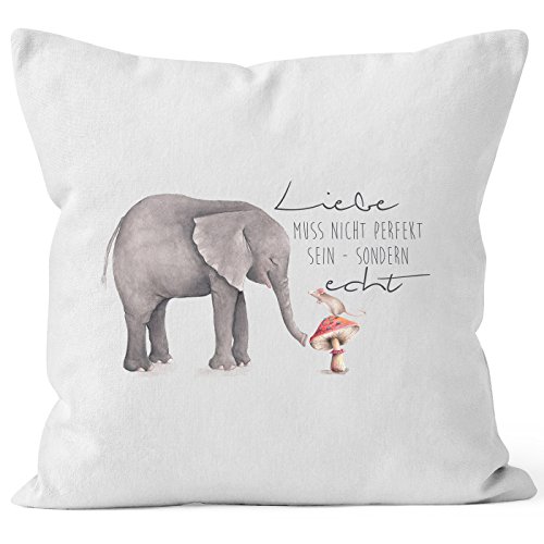 MoonWorks Kissenbezug Geschenk Liebe muss Nicht perfekt Sein sondern echt Elefant Maus Kissen-Hülle Deko-Kissen 40x40 Baumwolle weiß 40cm x 40cm von MoonWorks
