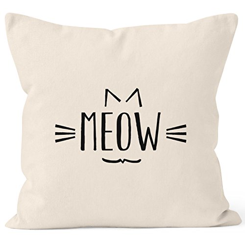 MoonWorks Kissenbezug Meow MIAU Katze Cat Kissen-Hülle Deko-Kissen 40x40 Baumwolle Natur 40cm x 40cm von MoonWorks