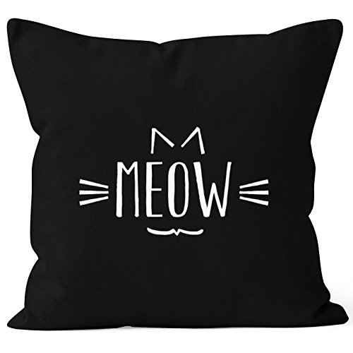 MoonWorks Kissenbezug Meow MIAU Katze Cat Kissen-Hülle Deko-Kissen 40x40 Baumwolle schwarz 40cm x 40cm von MoonWorks