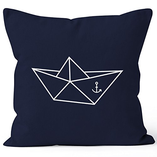 MoonWorks Kissenbezug Origami Schiffchen Schiff Anker Seemann Kissen-Hülle 40x40 Baumwolle Navy 40cm x 40cm von MoonWorks