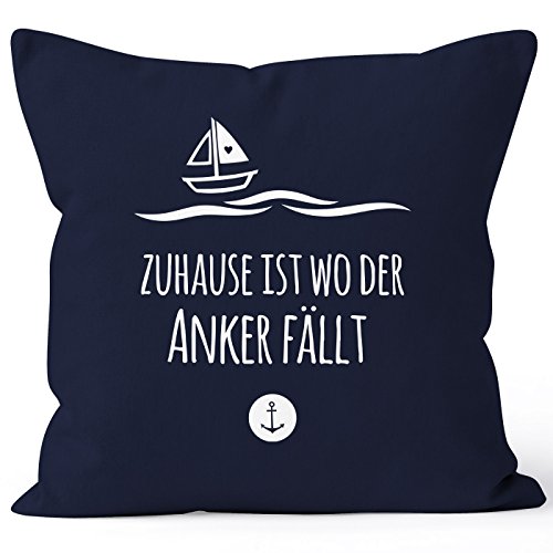 MoonWorks Kissenbezug Zuhause ist wo der Anker fällt Familie Heimat Liebe 40x40 Baumwolle Navy 40cm x 40cm von MoonWorks