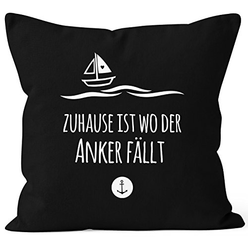 MoonWorks Kissenbezug Zuhause ist wo der Anker fällt Familie Heimat Liebe 40x40 Baumwolle schwarz 40cm x 40cm von MoonWorks