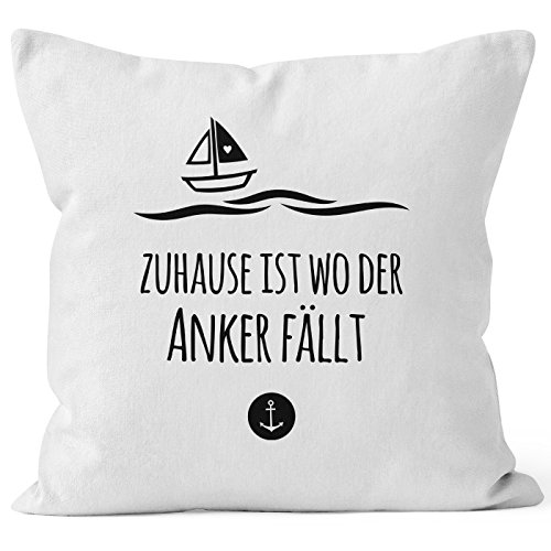 MoonWorks Kissenbezug Zuhause ist wo der Anker fällt Familie Heimat Liebe 40x40 Baumwolle weiß 40cm x 40cm von MoonWorks