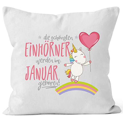 MoonWorks Kissenbezug die schönsten Einhörner Werden im Januar geboren 40x40 Baumwolle Geschenk Geburtstag Unicorn weiß 40cm x 40cm von MoonWorks