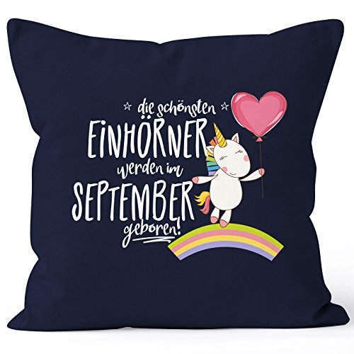 MoonWorks Kissenbezug die schönsten Einhörner Werden im September geboren 40x40 Baumwolle Geschenk Geburtstag Unicorn Navy 40cm x 40cm von MoonWorks