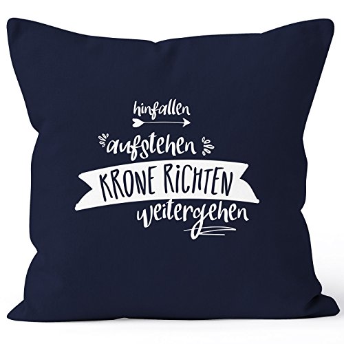 MoonWorks Kissenbezug mit Spruch, Hinfallen aufstehen Krone richten weitergehen, Kissen-Hülle 40x40 Baumwolle, Navy Unisize von MoonWorks