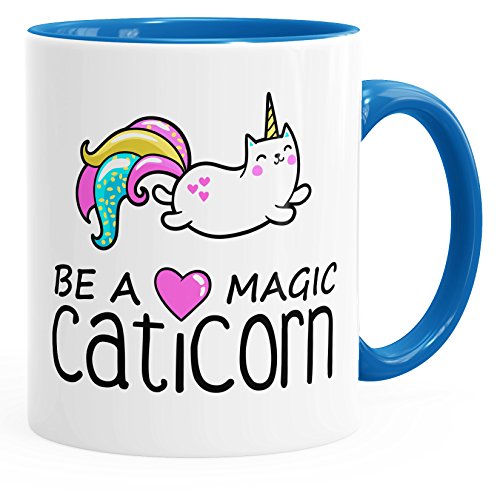 MoonWorks Tasse Be a magic caticorn Einhorn Unicorn Einhorn-Tasse mit Innenfarbe blau unisize von MoonWorks