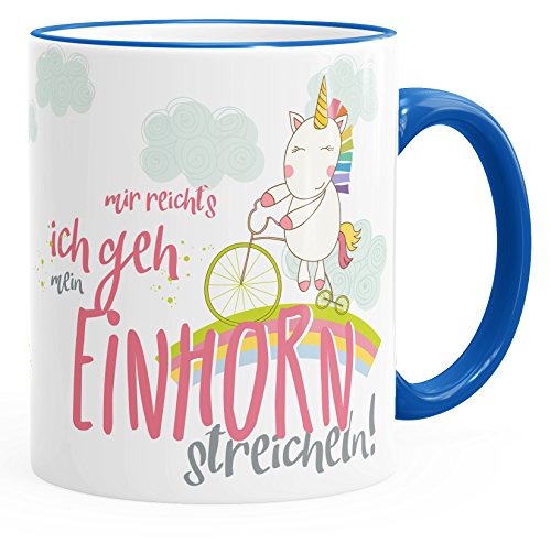 MoonWorks Tasse Einhorn auf Fahrrad Mir reichts ich geh mein Einhorn streicheln Spruch Tasse mit Farbkante royal unisize von MoonWorks