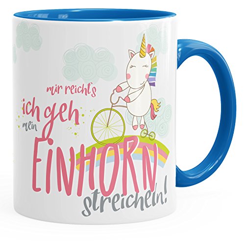 MoonWorks Tasse Einhorn auf Fahrrad Mir reichts ich geh mein Einhorn streicheln Spruch Tasse mit Innenfarbe blau unisize von MoonWorks