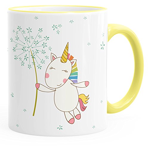 MoonWorks Tasse Einhorn mit Pusteblume Kaffeetasse Teetasse mit farbiger Kante hellgelb unisize von MoonWorks