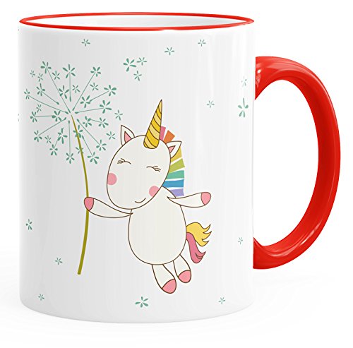 MoonWorks Tasse Einhorn mit Pusteblume Kaffeetasse Teetasse mit farbiger Kante rot unisize von MoonWorks