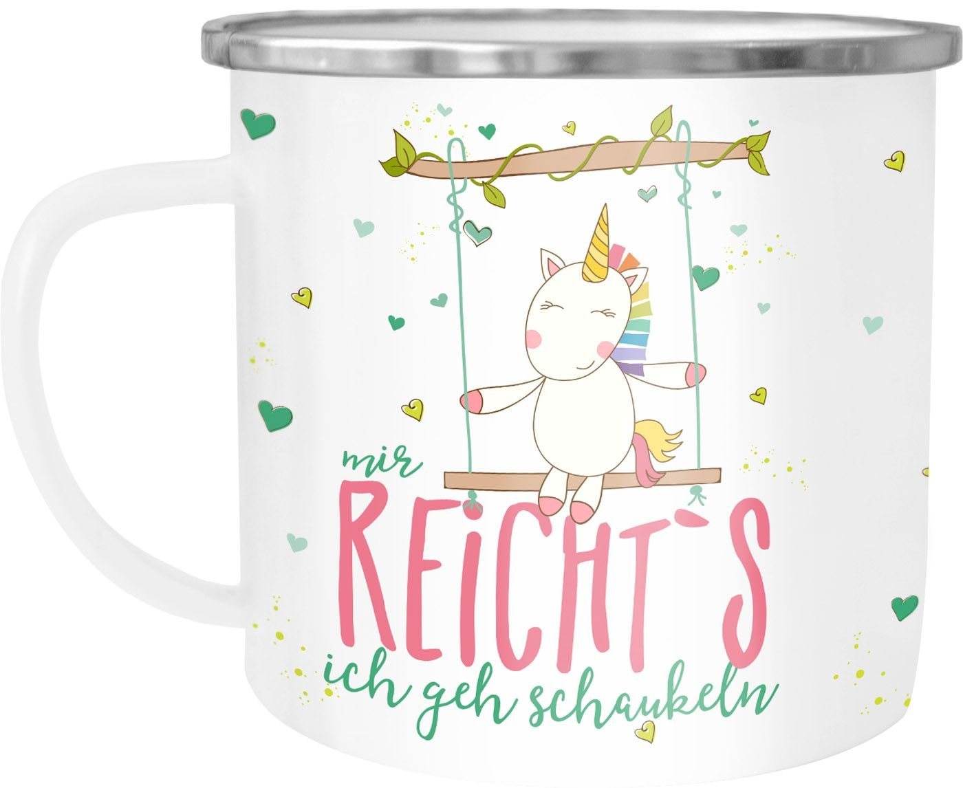 MoonWorks Tasse Emaille Tasse Becher Einhorn Mir reichts ich geh schaukeln Spruch Einhorntasse Unicorn Kaffeetasse Moonworks®, emailliert und mit Aufdruck von MoonWorks