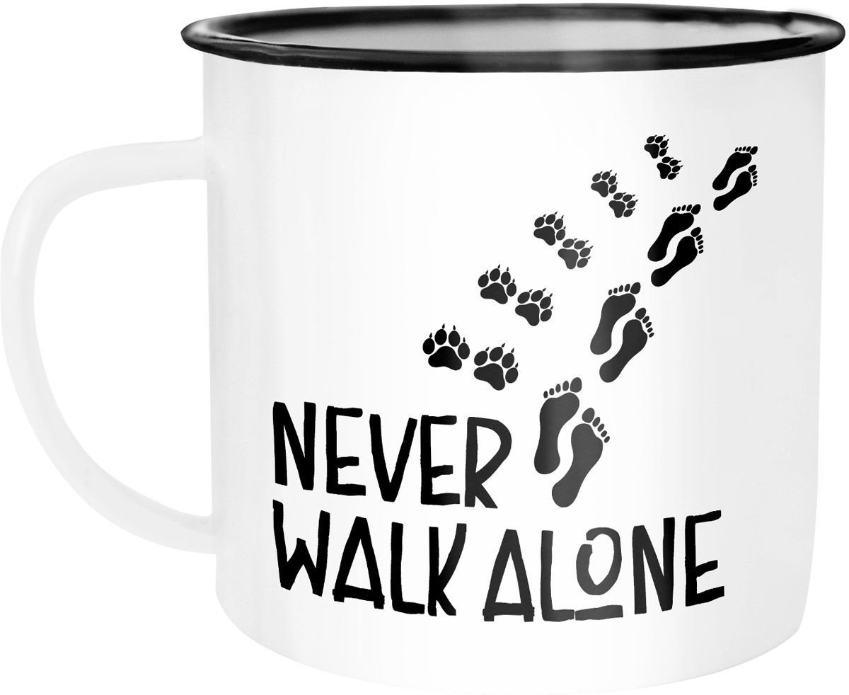 MoonWorks Tasse Emaille Tasse Becher Never walk alone Hund Hundebesitzer Dog Kaffeetasse Moonworks®, emailliert und mit Aufdruck von MoonWorks