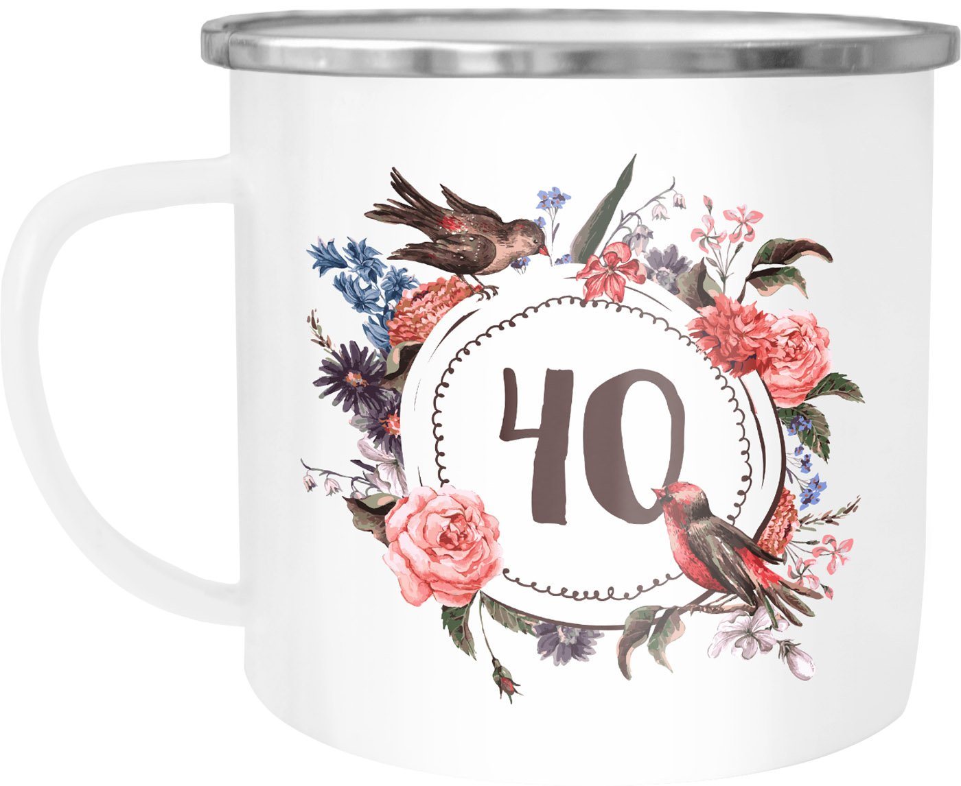 MoonWorks Tasse Emailletasse Becher Kaffeetasse mit Jahreszahl 40 {40_ausgeschrieben} Blumen Bordüre Moonworks®, emailliert und mit Aufdruck von MoonWorks