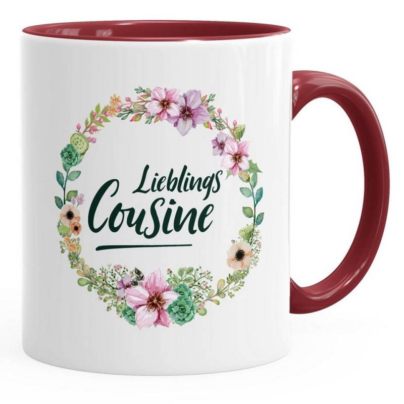 MoonWorks Tasse Kaffee-Tasse Geschenktasse Geschenk für Cousine Lieblingscousine Blumen Bordüre Blumenranke Blüten Familie MoonWorks®, Keramik von MoonWorks