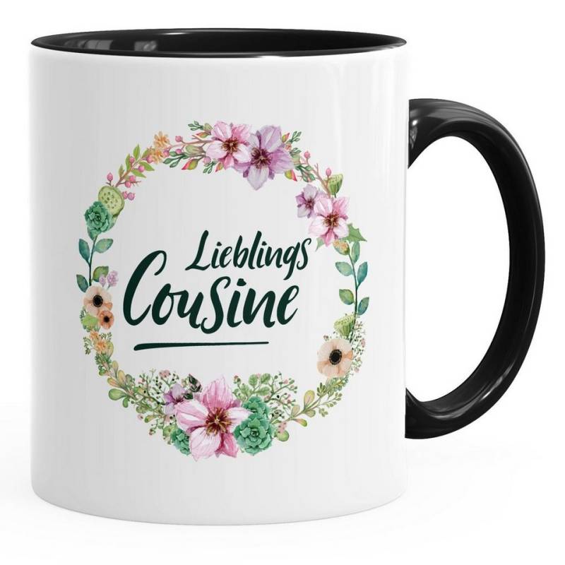 MoonWorks Tasse Kaffee-Tasse Geschenktasse Geschenk für Cousine Lieblingscousine Blumen Bordüre Blumenranke Blüten Familie MoonWorks®, Keramik von MoonWorks