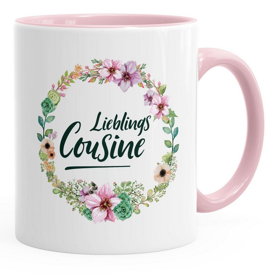 MoonWorks Tasse Kaffee-Tasse Geschenktasse Geschenk für Cousine Lieblingscousine Blumen Bordüre Blumenranke Blüten Familie MoonWorks®, Keramik von MoonWorks