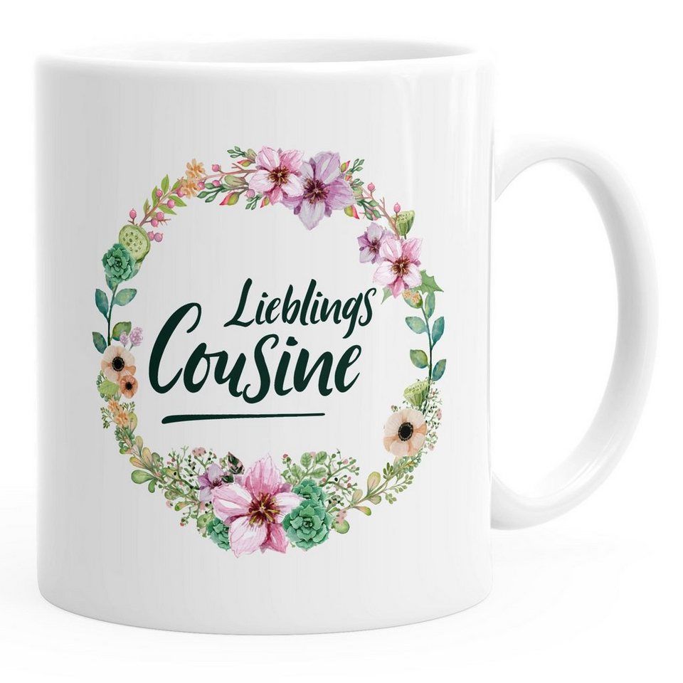 MoonWorks Tasse Kaffee-Tasse Geschenktasse Geschenk für Cousine Lieblingscousine Blumen Bordüre Blumenranke Blüten Familie MoonWorks®, Keramik von MoonWorks