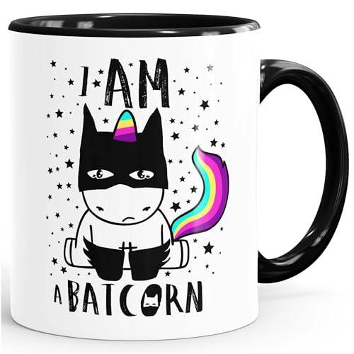 MoonWorks Tasse mit Innenfarbe Einhorn Unicorn Batcorn glänzend Kaffeetasse Teetasse Keramiktasse schwarz Unisize von MoonWorks