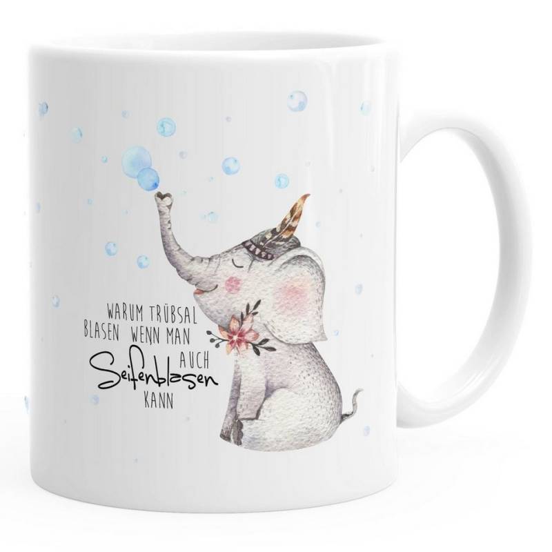MoonWorks Tasse süße Kaffeetasse Elefant Warum Trübsal blasen wenn man auch seifenblasen kann Spruch Motivation positives Denken fröhlich MoonWorks®, Keramik von MoonWorks