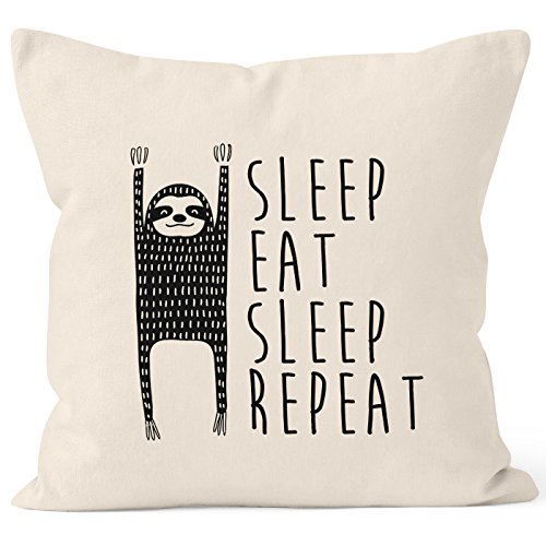 MoonWorks lustiger Kissenbezug Sleep eat Sleep Repeat Faultier Kissen-Hülle 40x40 Baumwolle Natur Unisize von MoonWorks
