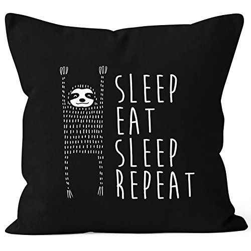 MoonWorks lustiger Kissenbezug Sleep eat Sleep Repeat Faultier Kissen-Hülle 40x40 Baumwolle schwarz Unisize von MoonWorks