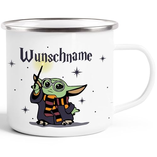 MoonWorks® Emaille-Tasse Baby-Yoda personalisierte Geschenke Wunschname Geburtstag Weihnachten Wunschname emaille-weiß-silber standard von MoonWorks