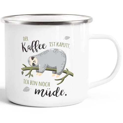 Moonworks® Emaille-Tasse Becher mit Spruch lustig Motiv Faultier Bürotasse der Kaffee ist kaputt ich bin noch müde weiß-metall Emailletasse von MoonWorks