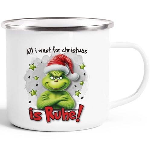 Moonworks® Emaille-Tasse Grinch Geschenk für Weihnachtsmuffel Ich hasse Menschen Emaillebecher Weihnachtstasse lustig Ruhe emaille-weiß-silber standard von MoonWorks