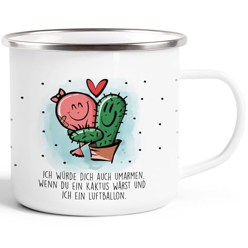 Moonworks® Emaille-Tasse Kaktus Luftballon Liebe Lustig Geschenk Valentinstag Jahrestag Liebeserklärung Mann Frau weiß-metall Emailletasse von MoonWorks