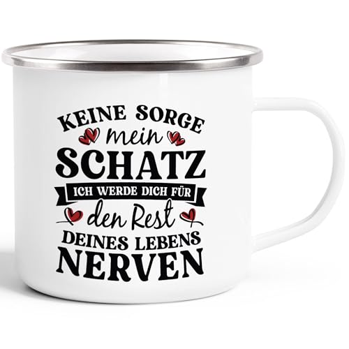 Moonworks® Emaille-Tasse Liebe lustig Spruch Keine Sorge Schatz witzige Geschenke Hochzeitstag Valentinstag emaille-weiß-silber standard von MoonWorks