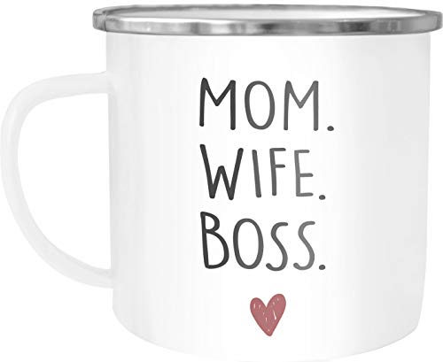 Moonworks® Emaille-Tasse Mom Wife Boss Dad Husband Legend Geschenk Mama Papa Mom weiß-metall Emailletasse von MoonWorks