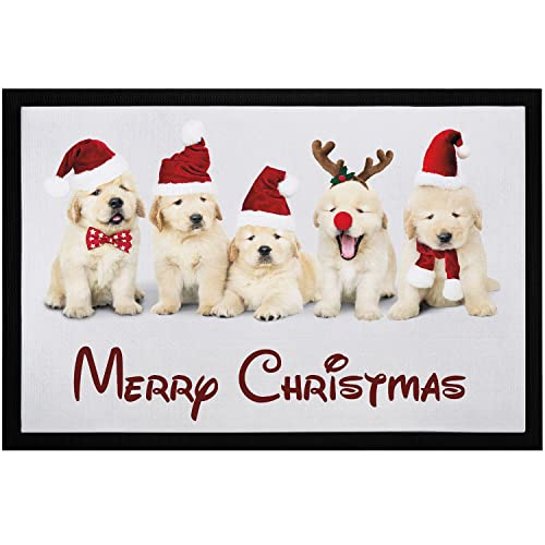 MoonWorks® Fußmatte Weihnachten Hunde mit Weihnachtsmütze Merry Christmas rutschfest & waschbar schwarz 60x40cm von MoonWorks