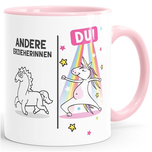 Moonworks® Kaffee-Tasse Einhorn Geschenk Erzieherin Abschied Kita Kindergarten Andere Erzierinnen Du weiss-innen-rosa standard von MoonWorks