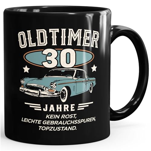 Moonworks® Kaffee-Tasse Geburtstag Oldtimer Auto Vintage Style Retro Look Geschenk für Männer 30 Jahre uni - schwarz Keramik-Tasse von MoonWorks