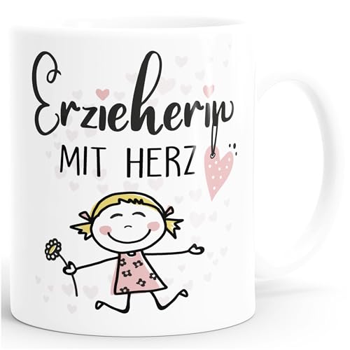Moonworks® Kaffee-Tasse Geschenk Abschied Danke Erzieherin Erzieher Abschied Kita Kindergarten Kinder weiß-rosa standard von MoonWorks