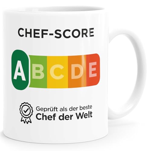 Moonworks® Kaffee-Tasse Geschenk Chef Score Geprüft als bester Chef der Welt Spruch Lustig Chef weiß standard von MoonWorks